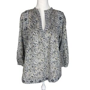 Lola Australia Womens M Grey Gold Floral Block‎ Print Cotton Pintuck Tunic Top